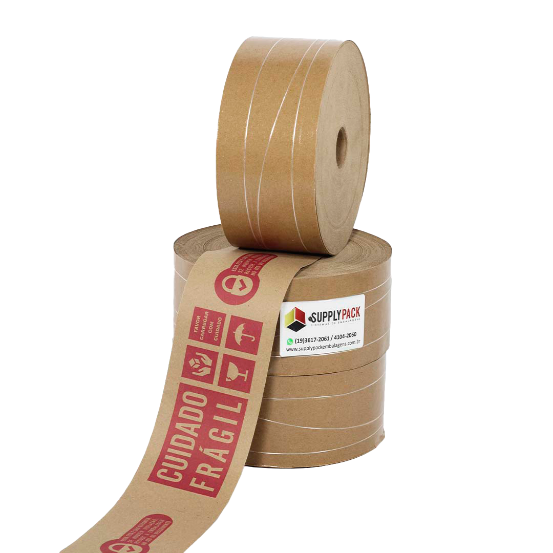 Fita Gomada Cuidado Fragil 80mm c/ Reforco aprox. 1,800 kg
