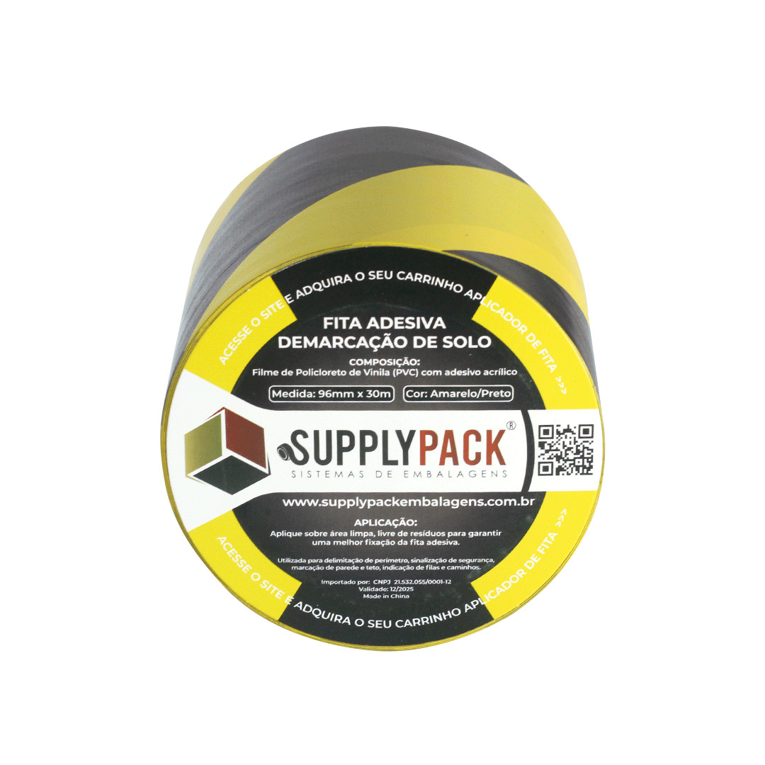 Fita Adesiva de Demarcação de Solo 96mm X 30m - Zebrada Amarelo/Preto